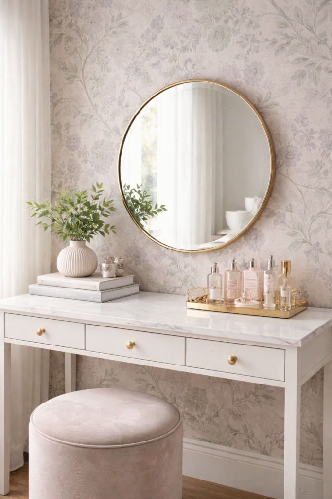 Soft Accent Wallpaper Behind the Vanity